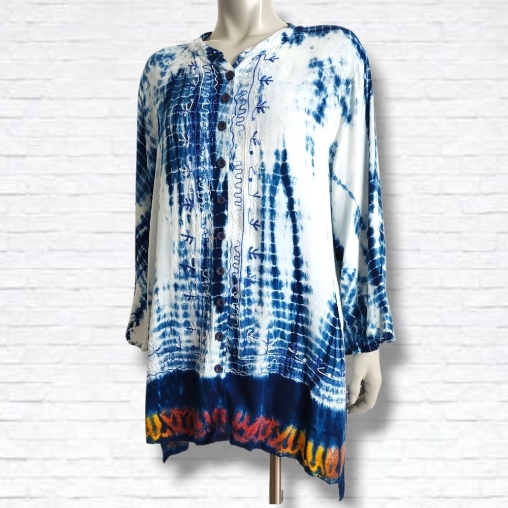 Parsley & Sage Blue And White Tie-Dye Mandarian Collar Long Sleeve Top Size 1X